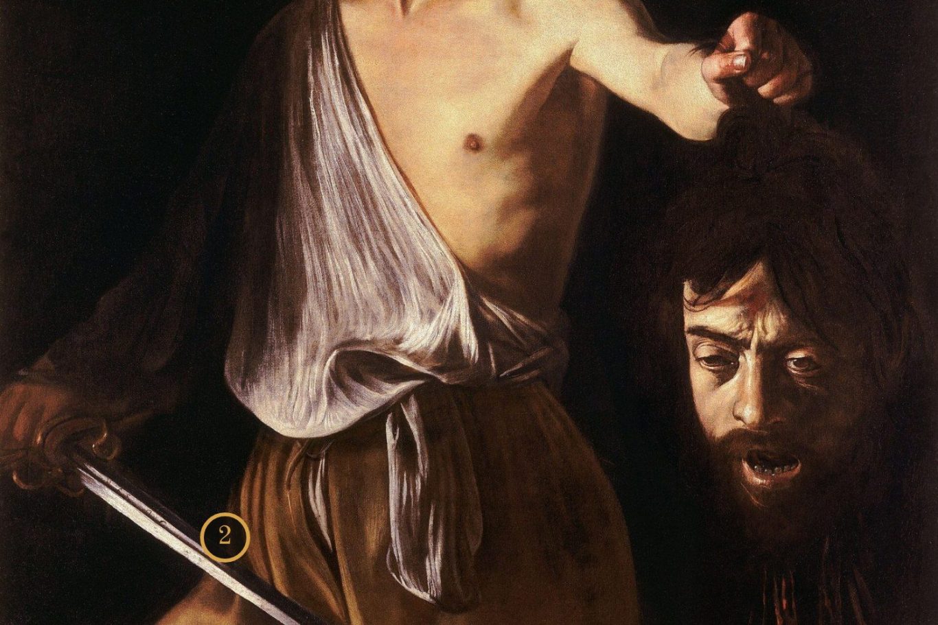 Detalle de la pintura: la mano de David sujeta la espada, sin rastro de sangre.